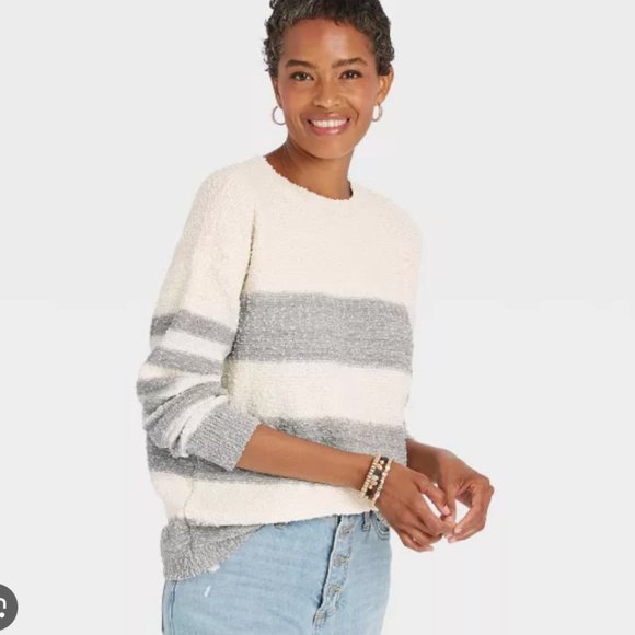 Knox Rose Sweater Gray Cream Stripe Boucle Knit Pullover Size M Cabincore Office - Picture 1 of 12